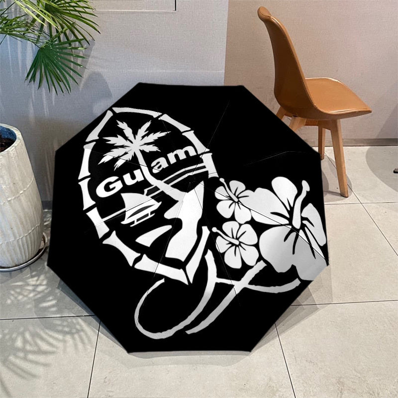 Automatic Open/Close Umbrella with One-Touch Button - Automatic Opening & Closing, Compact Travel Umbrella with Hibiscus Flower & Guam Design - Black & White Tropical umbrella for Men & Women, Windproof 8-Rib Sturdy Frame, On