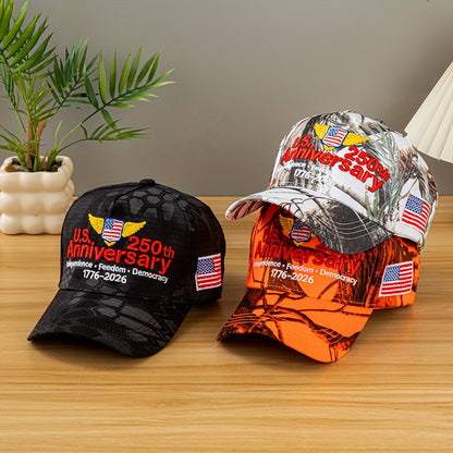 250th Anniversary Edition (1975-2025) USA Flag & Camo Baseball Cap - Unisex Adjustable Retro 3D Embroidery Hat with 250/225/200/150/125 Year Badge, Lightweight Snapback for Men & Women, July 4th Independence Day Collectible,