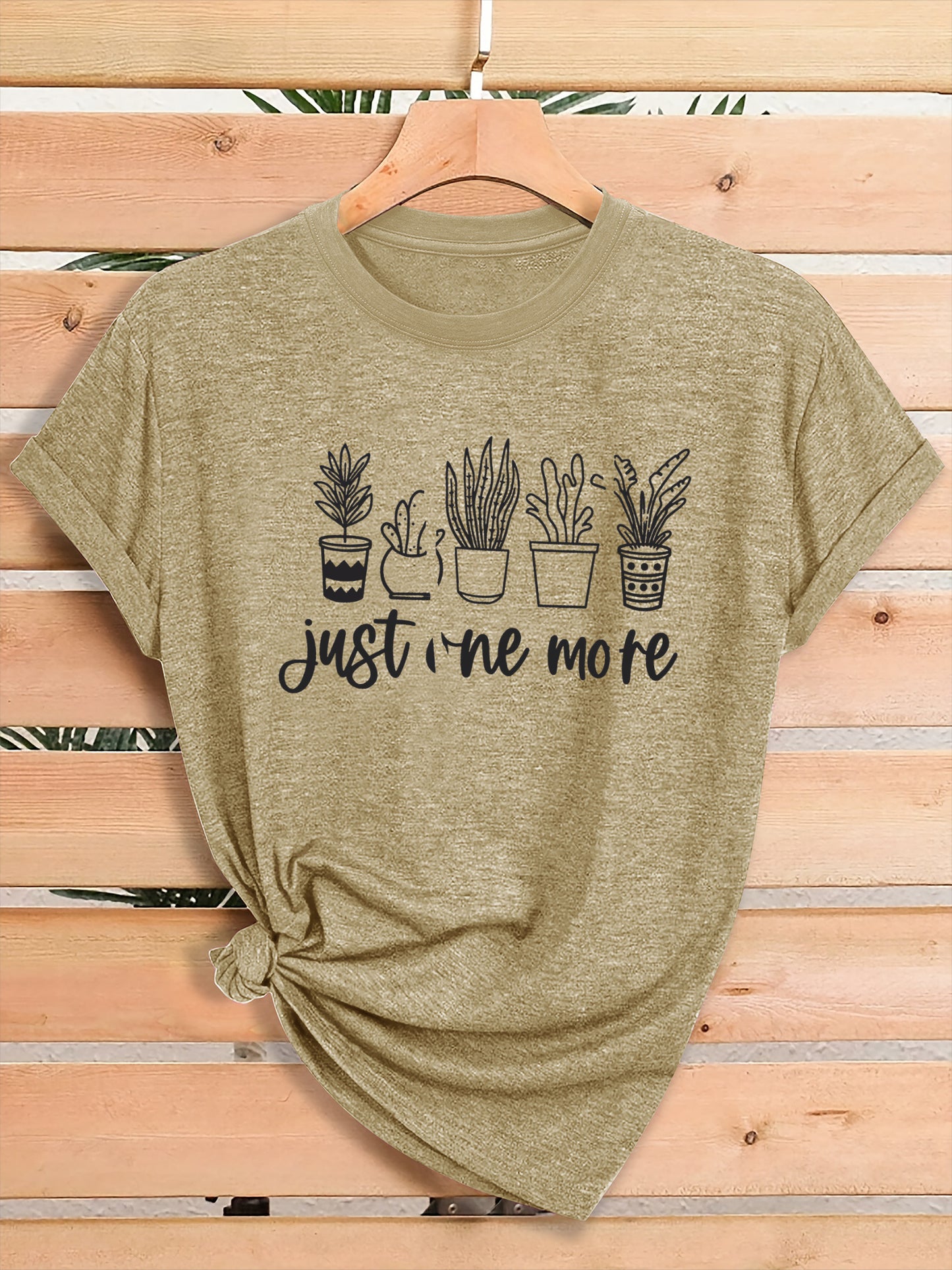 Women'S Green Plant Print T-Shirt with "Just One More" Slogan & Cactus/Succulent Design - Breathable Round Neck Casual Streetwear Top for Gym, Casual Attire, All-Season Comfort - Funny Botanical Graphic Tee for Plant Lovers,