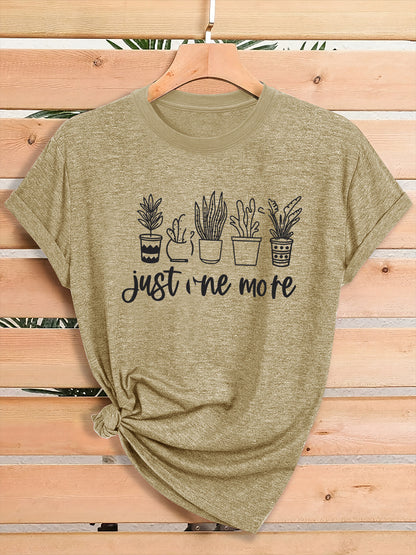 Women'S Green Plant Print T-Shirt with "Just One More" Slogan & Cactus/Succulent Design - Breathable Round Neck Casual Streetwear Top for Gym, Casual Attire, All-Season Comfort - Funny Botanical Graphic Tee for Plant Lovers,