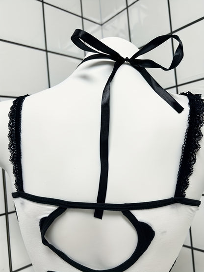 Sexy Sheer Translucent Jumpsuit Suit - Elastic Bodysuit with Matching Shorts & Pantyhose, Headband Bow Suspender Belt - 5pcs Outfit for /, Costumes for halloween, Christmas Parties, Year-Round Wear (Novelty)