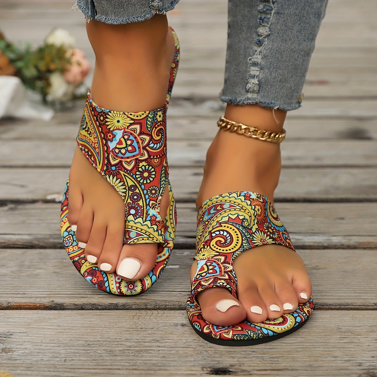 Women's Bohemian Floral Slide Sandals - Slip-On Open Toe Summer Shoes with Pink, Lightweight Flat Sandals for Beach, Casual Outfits - Easy Slip Closure & Non-Slip PU Sole, Beach Footwear