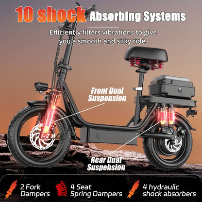 Peak Power 740W Electric Scooter With Free Seat & Basket - 48V10/15AH Battery, Dual Suspension, 20MPH, 10-35 Miles, LCD Display, 330lbs Max Load (Best For Commuting) Folding Ebike Adult Mini Electric Bike Equipped With Intell