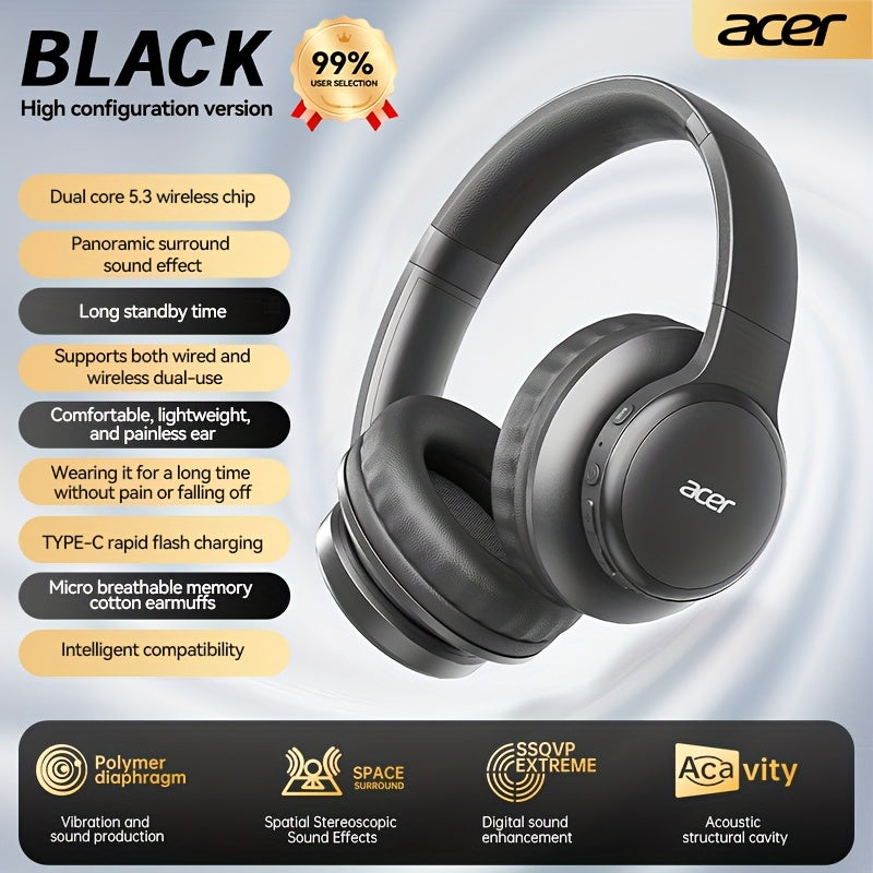 [Hi-Fi Acer Headphones] Acer OHR559 Over-Ear Headphones | Hi-Fi Heavy Bass, 60h Ultra-Long Battery Life, Wireless & Wired Dual Mode, Low-Latency Gaming, Extra-Large Diaphragm, Comfortable Fit