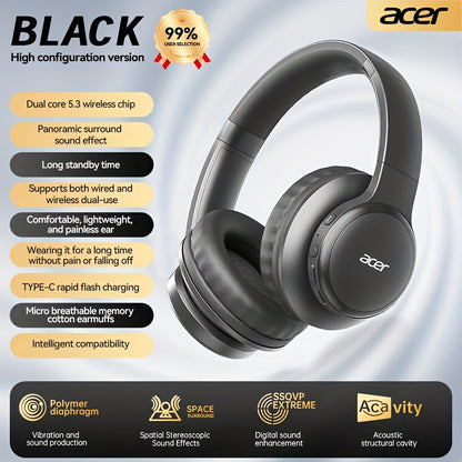 [Hi-Fi Acer Headphones] Acer OHR559 Over-Ear Headphones | Hi-Fi Heavy Bass, 60h Ultra-Long Battery Life, Wireless & Wired Dual Mode, Low-Latency Gaming, Extra-Large Diaphragm, Comfortable Fit
