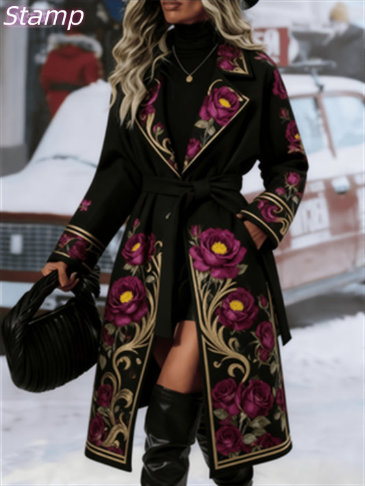 Winter New Arrival: Stylish and Minimalist - Long Women'S Warm Trench Coat | Double-breasted - Design with Waist Belt, Vintage Vine Print, Warm and Comfortable - Casual Style by SCACTO