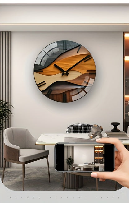 [Artistic Wall Clock] 12-inch Artistic Round Glass Wall Clock, Silent Non-Ticking High Quality Movement, 3mm Thickened Steel Tempered Glass, Faux Wood Grain Nordic Style with Corrugated Design | 1pc, Living Room Bedroom Home