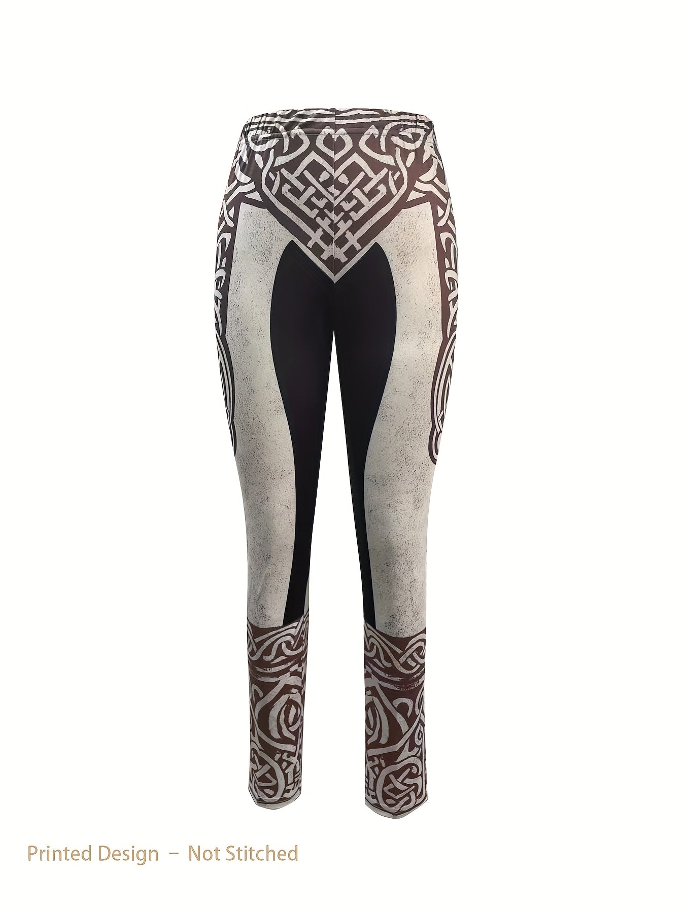 Women's Brown & White Celtic Print Leggings - Bohemian Kilkenny Legging Suitable for - Wear, Elastic Tight-Fit Trousers for Daily Outfits, Dating & Celtic Events - Machine Washable Brown/White Patterned Pants