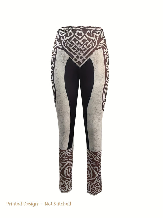 Women's Brown & White Celtic Print Leggings - Bohemian Kilkenny Legging Suitable for - Wear, Elastic Tight-Fit Trousers for Daily Outfits, Dating & Celtic Events - Machine Washable Brown/White Patterned Pants