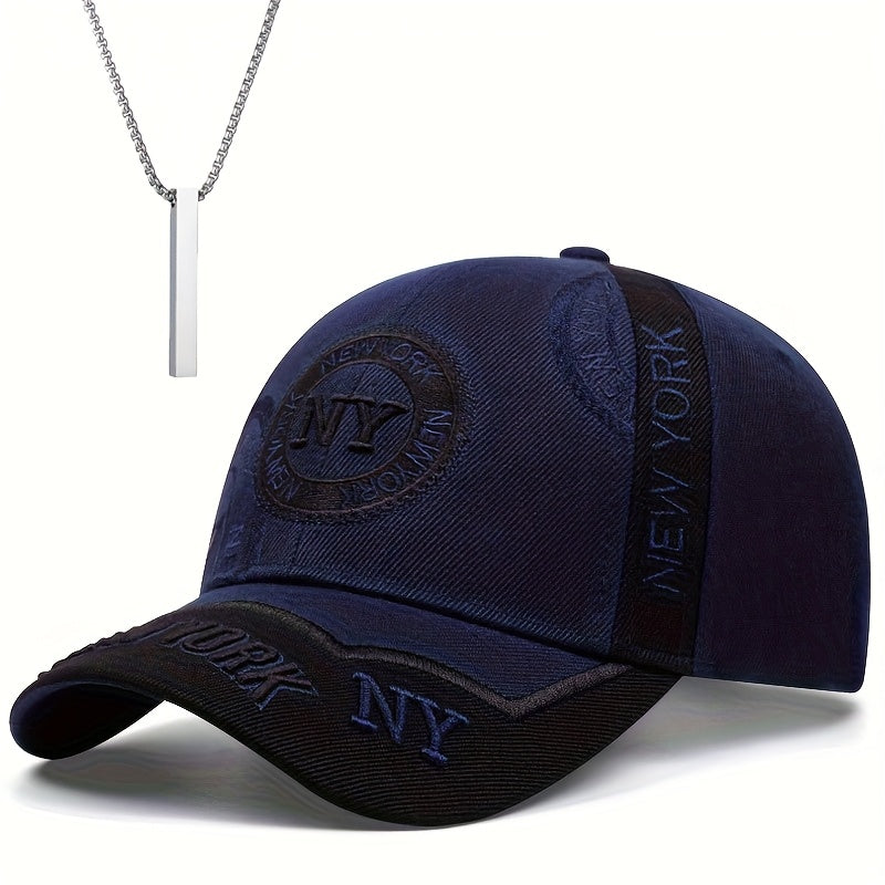 2pcs One Hat Plus One Necklace Men's Outdoor Full-Print Tactical Camouflage NY Pattern Baseball Cap and Faith Bar Pendant, Suitable for Climbing, Cycling Accessories, Christmas Party
