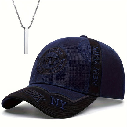 2pcs One Hat Plus One Necklace Men's Outdoor Full-Print Tactical Camouflage NY Pattern Baseball Cap and Faith Bar Pendant, Suitable for Climbing, Cycling Accessories, Christmas Party