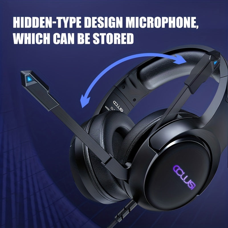 COLUSI C600 Wired Gaming Headset with Hidden-Type Microphone, One Key Mute Over Ear Headphones with 3.5mm Audio Jack RGB Light, Noise Cancelling, Volume Control, Closed-back Design, Compatible With Laptop, Gaming Headset, Lap