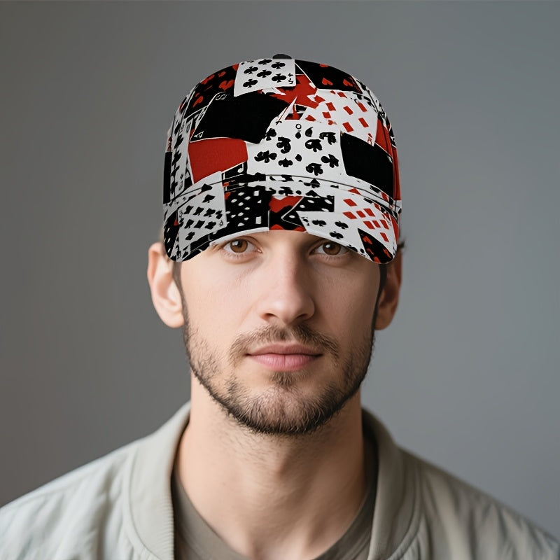 1pc Card Chaos Print Classic Baseball Cap - Lightweight Adjustable Duckbill Hat with Playing Card Symbols (Hearts, Spades,), Breathable Textile Fabric for Casual & Outdoor Activities, Mixed Colors, Adjustable Baseball Cap, Le