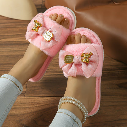 New Style Bear Bow Slippers for Women, Suitable for Spring, Summer, Autumn, And Winter, Featuring Open-Toe Design And Available in Larger Sizes for Indoor Use.