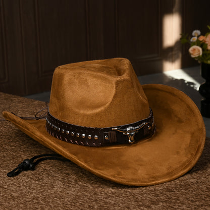 Unisex Western Cowboy Hat - Classic Suede-like Texture with Metal Studs & Cow Pattern, Lightweight Durable Braided Design, Feather-Free & Non-Washable, Elegant Wide Brim for Men & Women - Western-Themed Events, Rodeo, Casual