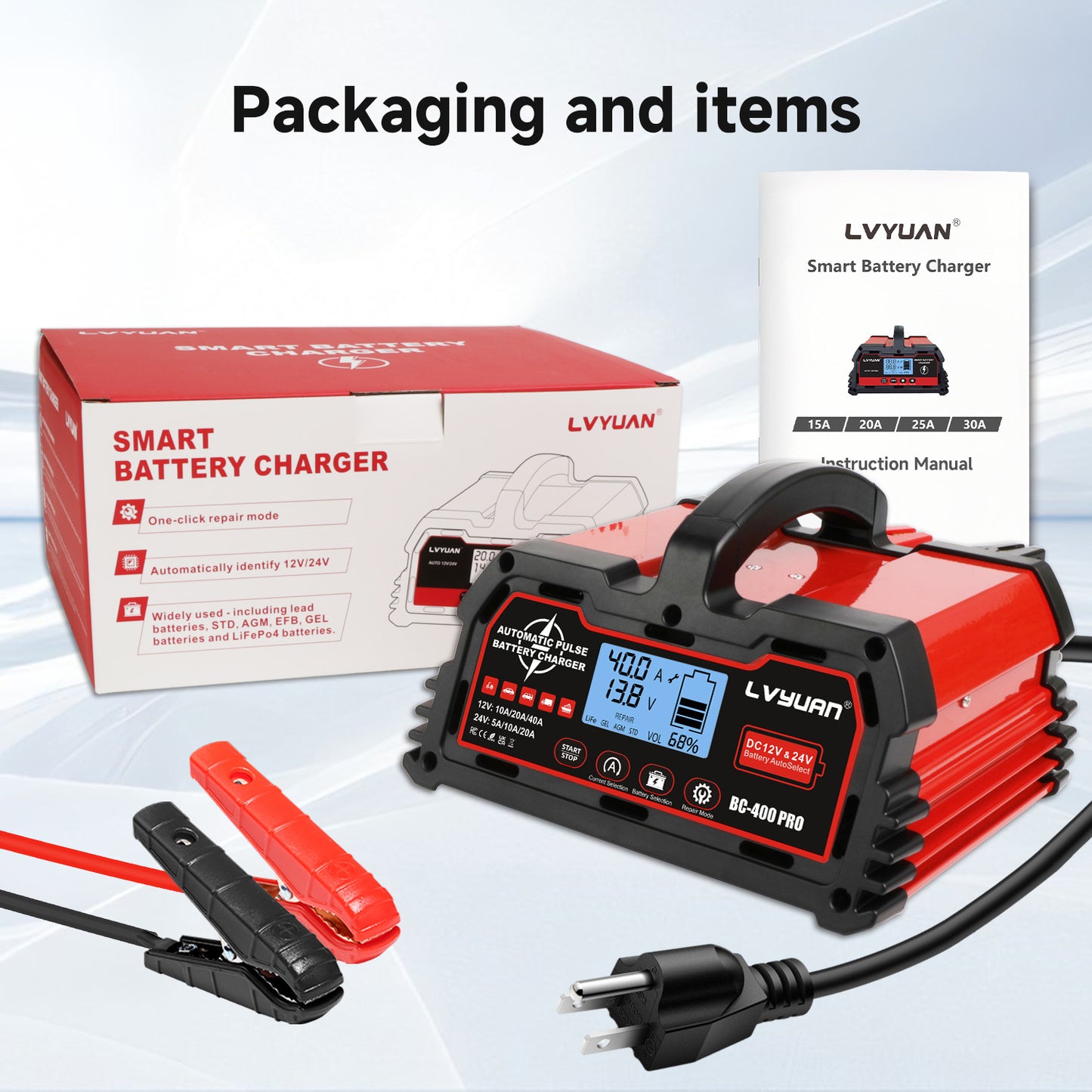 Lifepo4 Battery Charger, 40 Amp Car Battery Charger, Fully Automatic Car Battery Charger for Lead-Acid Batteries (12V/24V) and Lithium Iron Phosphate Batteries (12V), Smart Trickle Charger, AGM Deep Cycle Battery Charger, Sui