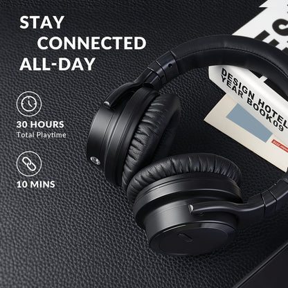 Active Noise Cancelling Headphones Wireless Headphones with Rich Bass, Clear Calls, 30 Hours Playtime, Comfort Fit, Black