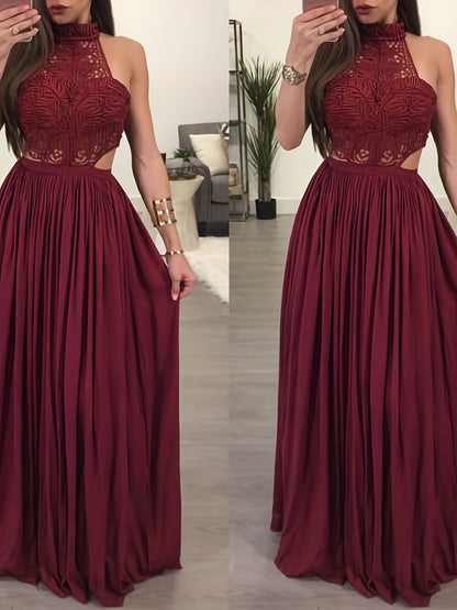 Women Hollow Out Lace Halter Dress, Crochet High Waist Pleated Maxi Dress Wedding Party Dress