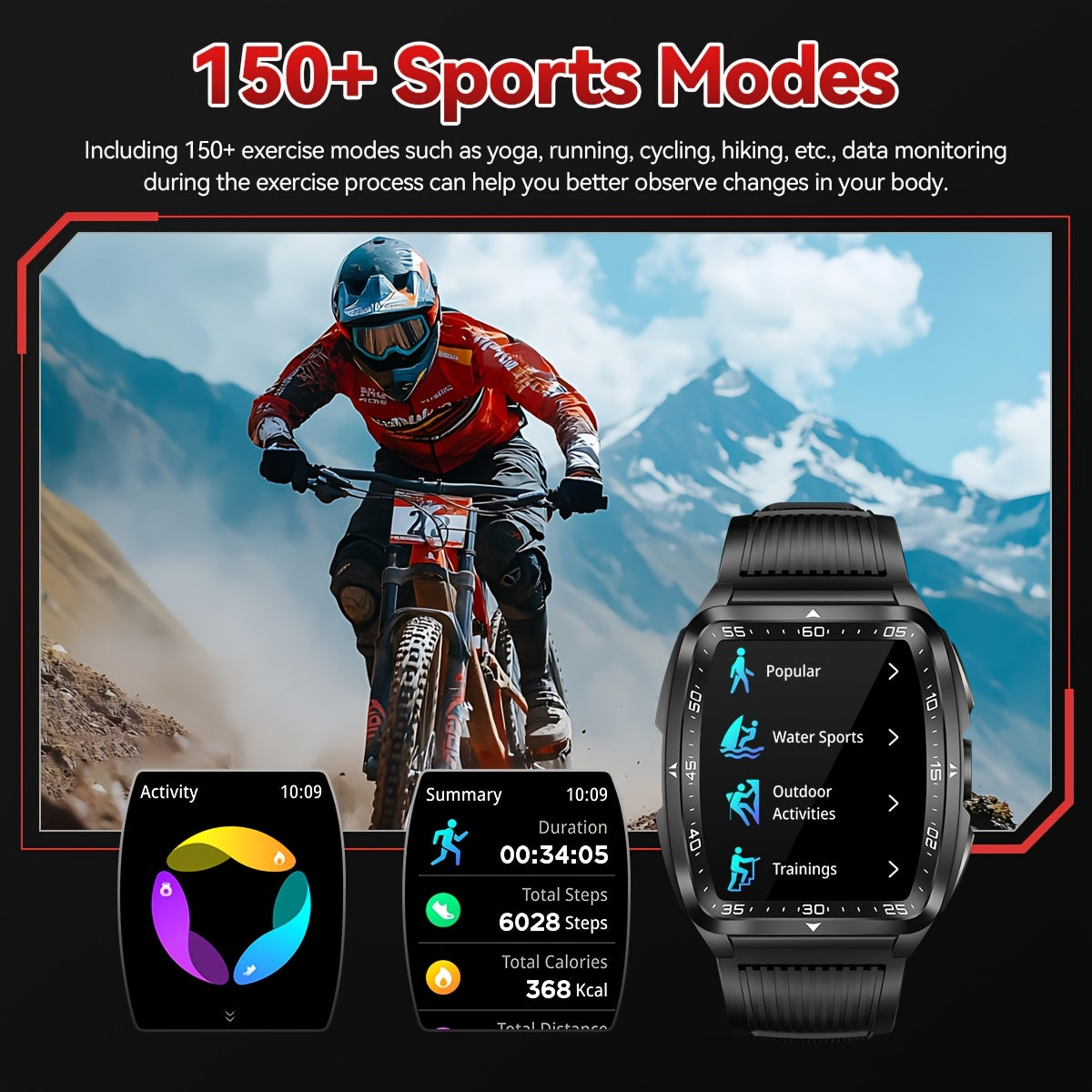 QTLJJBY Outdoor Sports Smart Watch, 1.8 Inch Ultra-Full Touch Display, Wireless Calling, 5ATM High Quality, 400mAh Battery, Push Notification, 100+ Sports Modes (Pedometer, Calories), Weather Forecast, Camera Control, Music M