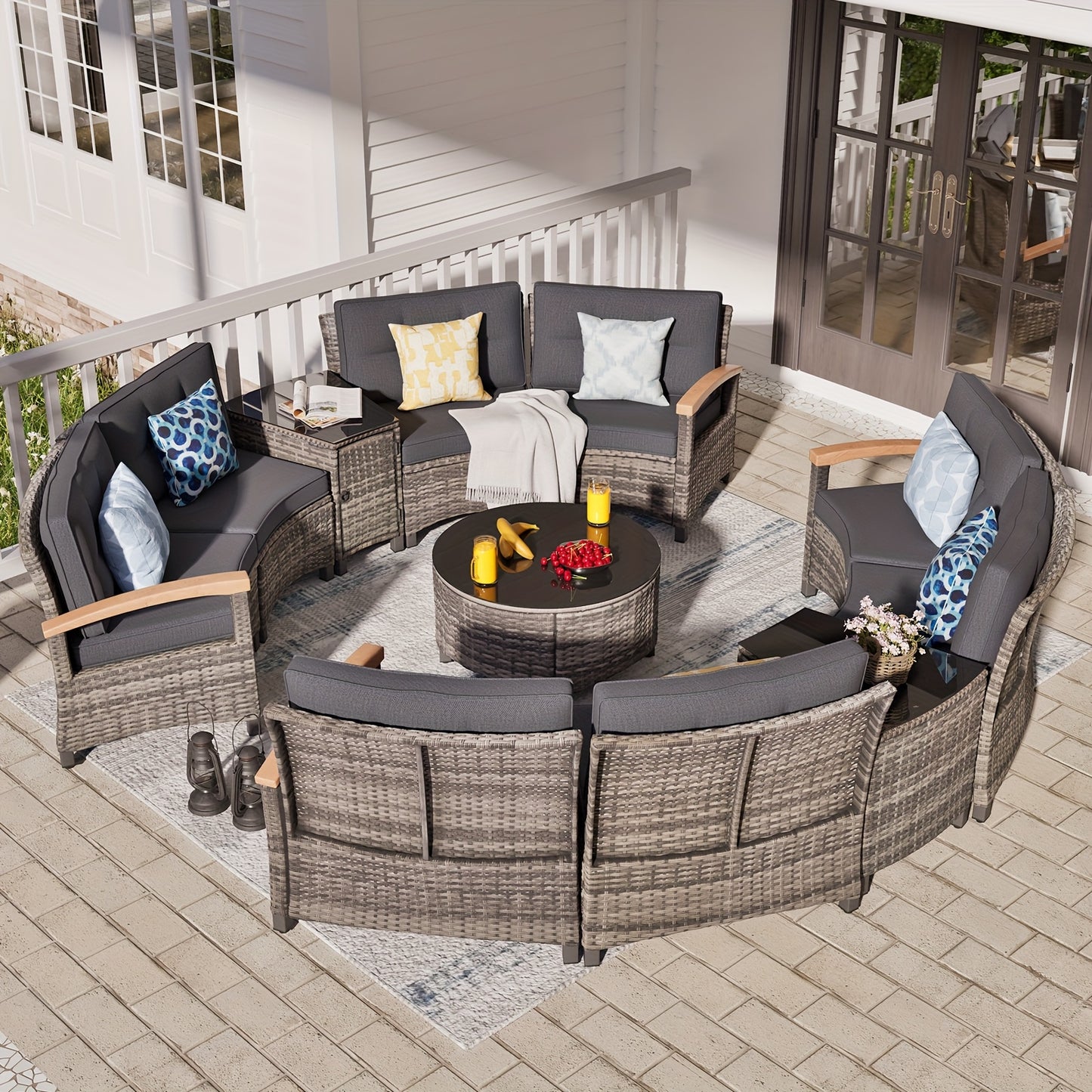 8-11pcs Outdoor Patio Furniture Set, Half-Moon Curved Sectional Sofa Rattan Patio Conversation Set with Wood Armrests for Porch, Backyard - Tempered Glass Round Coffee Table & Side Table, Patio Furniture And Decor, Patio Set,