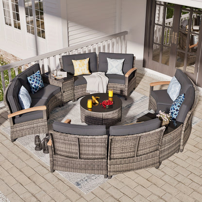 8-11pcs Outdoor Patio Furniture Set, Half-Moon Curved Sectional Sofa Rattan Patio Conversation Set with Wood Armrests for Porch, Backyard - Tempered Glass Round Coffee Table & Side Table, Patio Furniture And Decor, Patio Set,