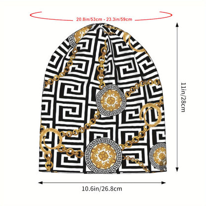 1pc Designer Beanie Hat for Men - Retro Geometric Pattern Skull Cap with Golden Accents, Soft Stretchy Elastic Band, Trendy Casual Winter Hat, Perfect Gift for Him, Comfortable Headwear, Cold Weather Accessory, Fashionable He