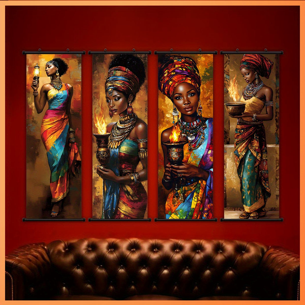 2D Flat, 2D/FLAT - 4pcs Vibrant African Tribal Art Wall Decor Set with Plastic Hooks, Easy to Hang – Perfect for Bedroom, Office, Living Room, Café Wall Decoration in Halloween Style, Halloween Wall Art, Indian Home Decor