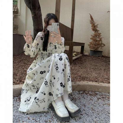 Dried Rose Floral Print Dress | New Women'S Autumn and Winter Fashion Long Dress, Square Neck, FB FENGBAY Brand