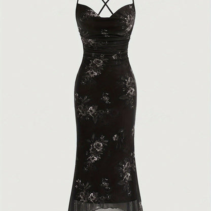 Vintage Elegant Cocktail Party Spaghetti Strap Printed Mesh Midi Dress for Women