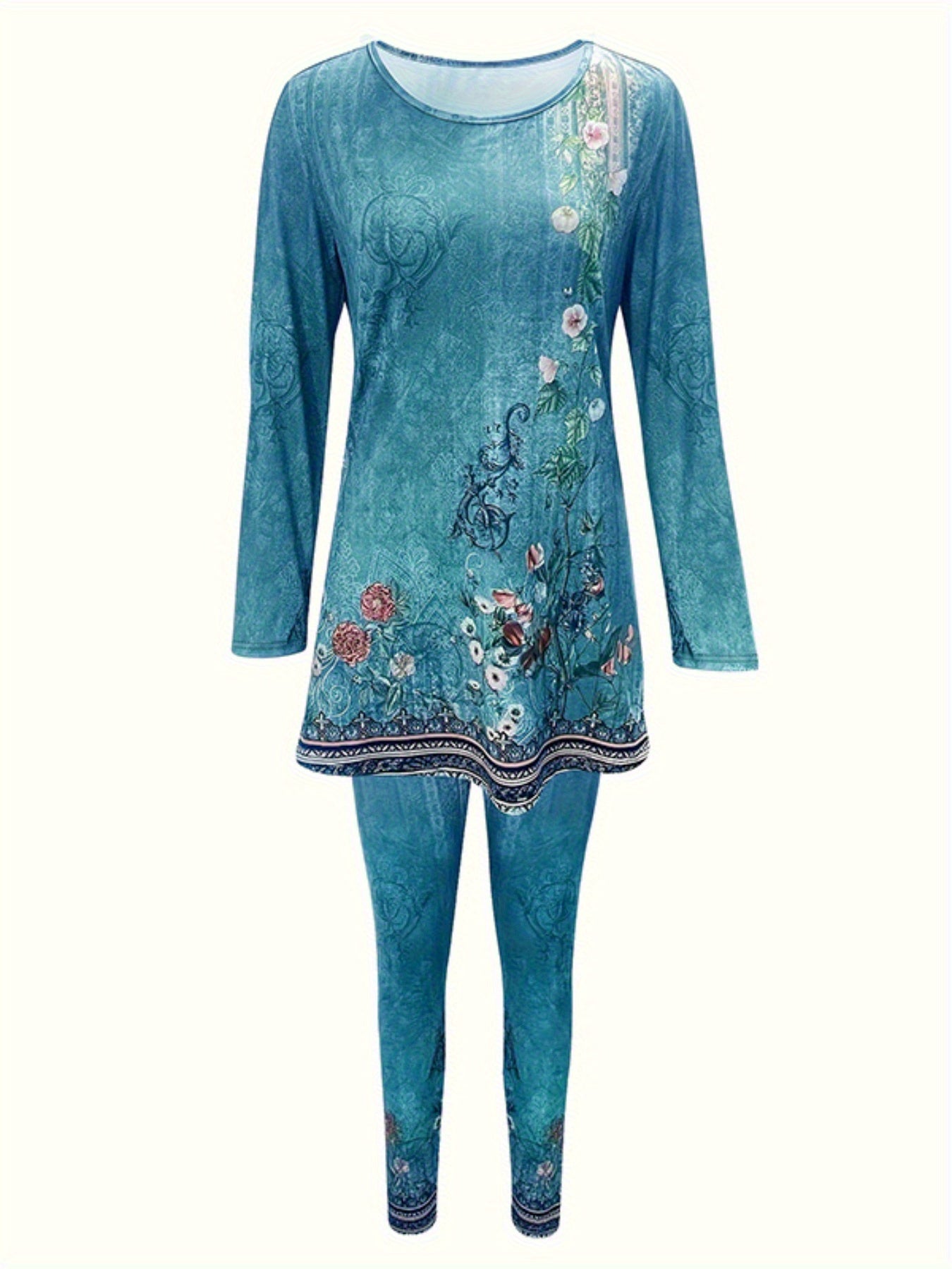 Women's Round Neck Printed Slit Long Sleeve Top& Long Pants Set- Casual Loungewear Outfit