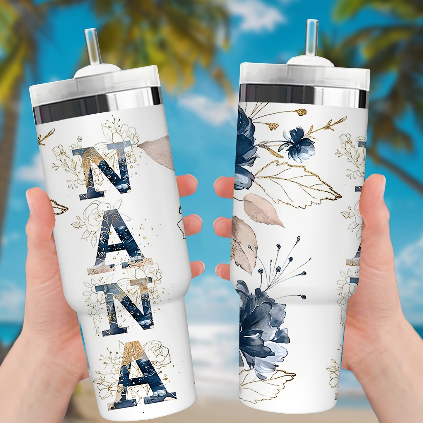 1pc 30oz Floral NANA Stainless Steel Insulated Tumbler with Lid & Straw, Double-Wall Vacuum Insulated Cup for Hot & Cold Drinks, Perfect for Outdoor Travel, Birthday & Holiday Gifts, Travel Drinkware | Floral Pattern Tumbler