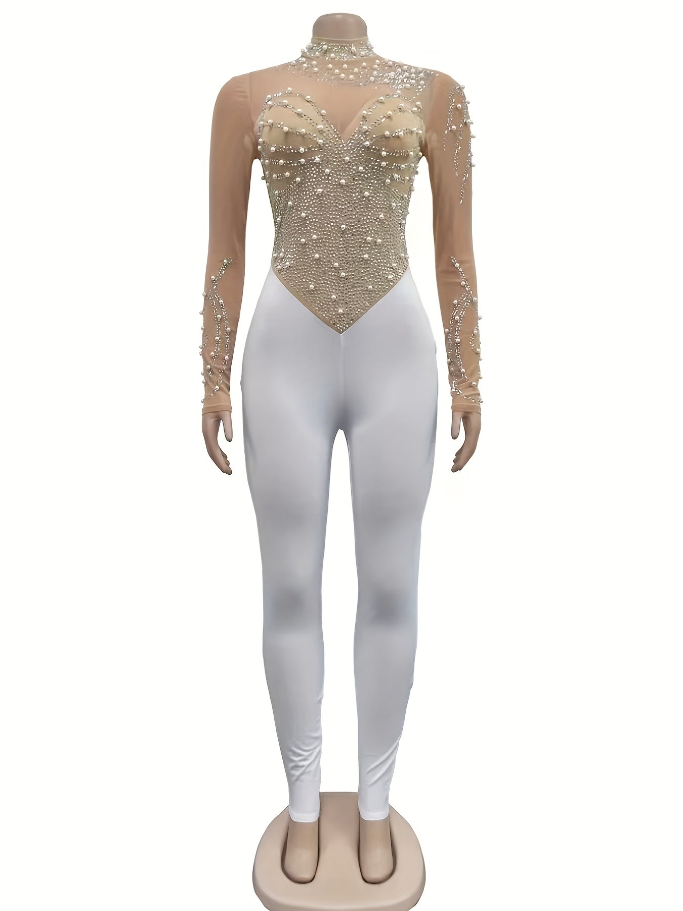 Elegant Women'S Black Jumpsuit with Pearl And Rhinestone Embellishments, Featuring Sheer Mesh Long Sleeves for Evening Events