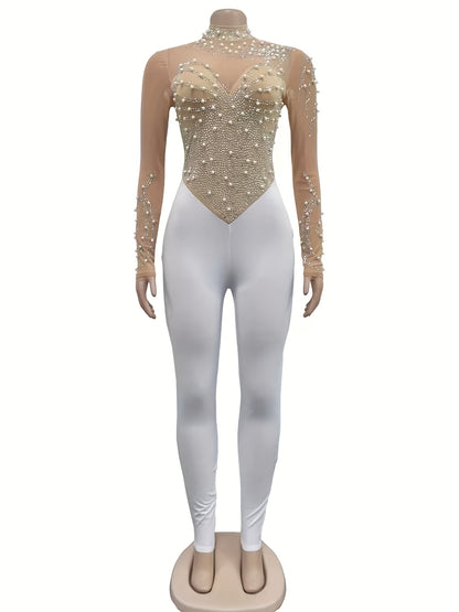 Elegant Women'S Black Jumpsuit with Pearl And Rhinestone Embellishments, Featuring Sheer Mesh Long Sleeves for Evening Events
