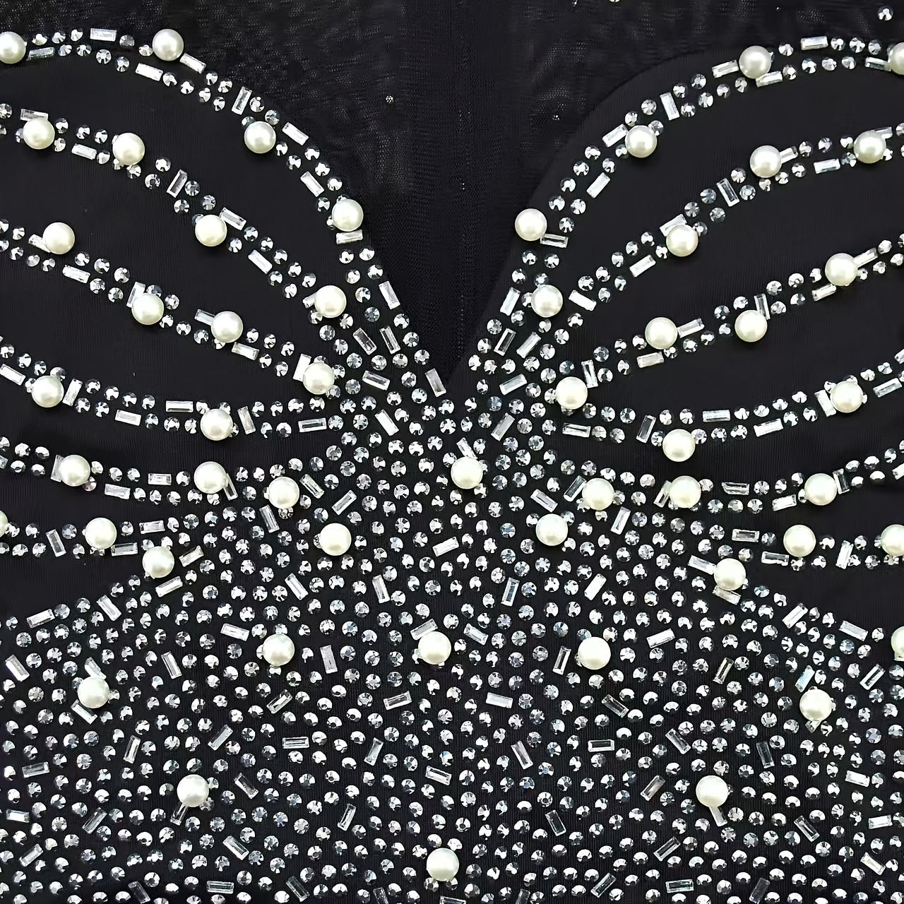 Elegant Women'S Black Jumpsuit with Pearl And Rhinestone Embellishments, Featuring Sheer Mesh Long Sleeves for Evening Events