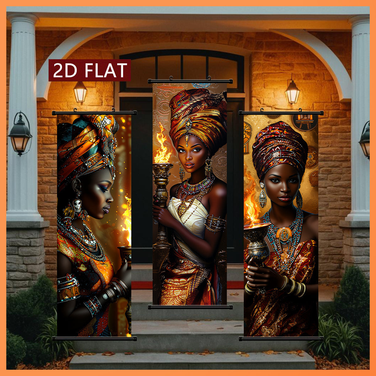 2D Flat, 2D/FLAT-3 African Flame Theme Women's Scroll, High-Quality Art Hanging Painting, Fade-Resistant & Odorless Modern Decor for Living Room, Bedroom, and Kitchen