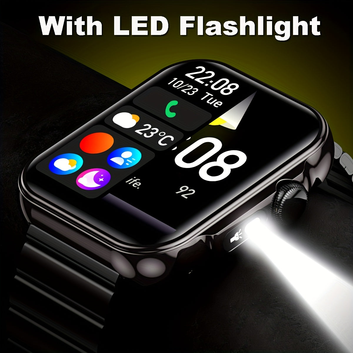 Men's Smart Watch with LED flashlight, IPX7 High Quality, Wireless calling and SMS reminder, 2.02-inch HD Large Screen, Sports Mode, Zinc Alloy, Outdoor Sports Smartwatch, Men's Watch, Compatible for iPhone and Android
