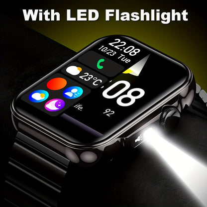 Men's Smart Watch with LED flashlight, IPX7 High Quality, Wireless calling and SMS reminder, 2.02-inch HD Large Screen, Sports Mode, Zinc Alloy, Outdoor Sports Smartwatch, Men's Watch, Compatible for iPhone and Android