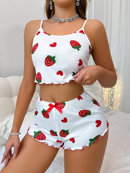 Camisole Romper - Women's Strawberry Love Print - Ruffle Hem with Red Bow