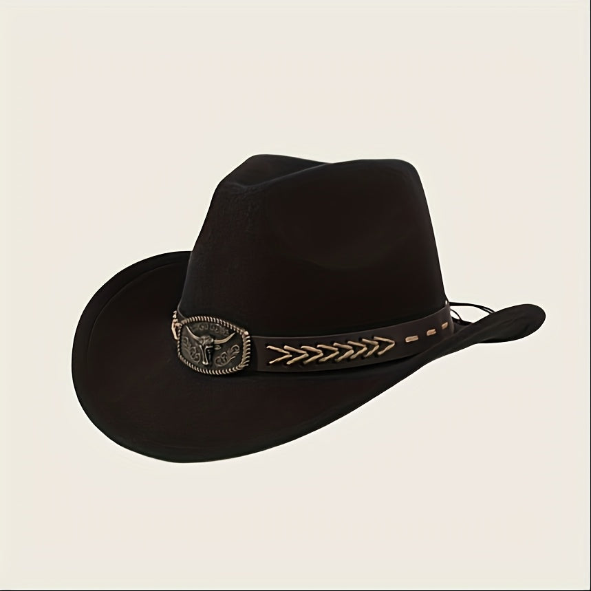 3pcs Unisex Western Cowboy Hats - Wide Brim Sun Protection, Metal Bull Head Buckle & Braided Faux Belt, Vintage Style for Outdoor Riding, Hiking, Rodeo (Black/Brown/White) | Classic Cowboy Style | Faux Fabric