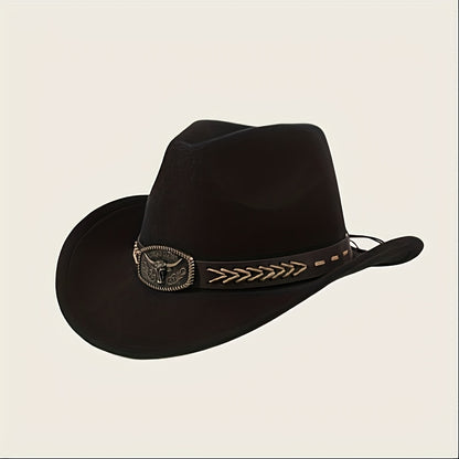 3pcs Unisex Western Cowboy Hats - Wide Brim Sun Protection, Metal Bull Head Buckle & Braided Faux Belt, Vintage Style for Outdoor Riding, Hiking, Rodeo (Black/Brown/White) | Classic Cowboy Style | Faux Fabric