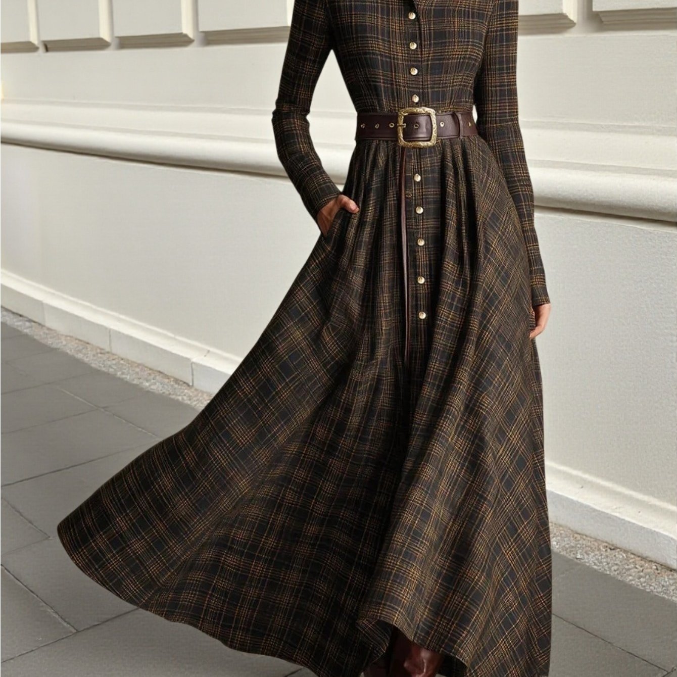Brown-Black Plaid Collared Waist-Cinched Belt-Trimmed Flared Maxi Dress | Retro Elegant Temperament Style for Daily Outings, Formal Gatherings & Casual Dates, Perfect for Fall/Winter