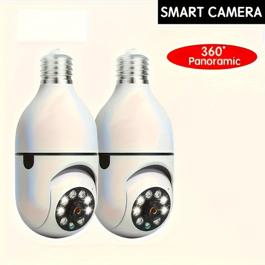 2pcs Smart HD WiFi Bulb Surveillance Cameras, 360° Panoramic Monitoring, 1440P HD Resolution, With Motion Detection Alerts, Full-Color Day/Night Vision, Remote Two-Way Talk Via Smartphone, Protects Your Home And Shop Securit