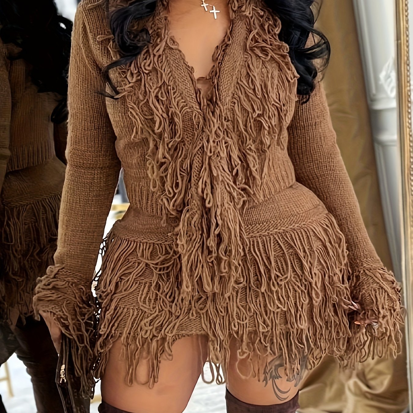 Set of Long-Sleeve Bodycon Dress with And Crocheted Tassels for Fall And Winter