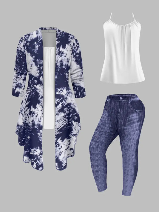 A Blue And White Tie-Dye Three-Piece Set: Long Cardigan + Top + Denim Trousers. Women'S | Stylish And Casual Design, Suitable for Everyday Outings And Casual Wear.