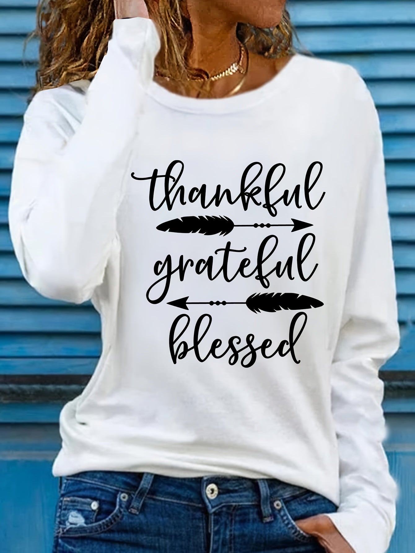 Women's Beige Thankful Grateful Blessed Print Long Sleeve T-Shirt - Loose Fit Round Neck Casual Top with Cursive Lettering & Accent, Soft Comfortable Fabric for Fall Winter Casual Attire, Thanksgiving Christian Apparel, Sprin
