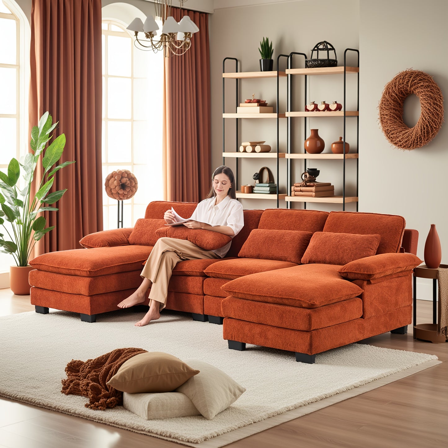 110'' U-Shaped Comfort 4-Seater Cloud Sofa, Modern Deep-Seat Comfort Living Room Sofa, Chenille Fabric