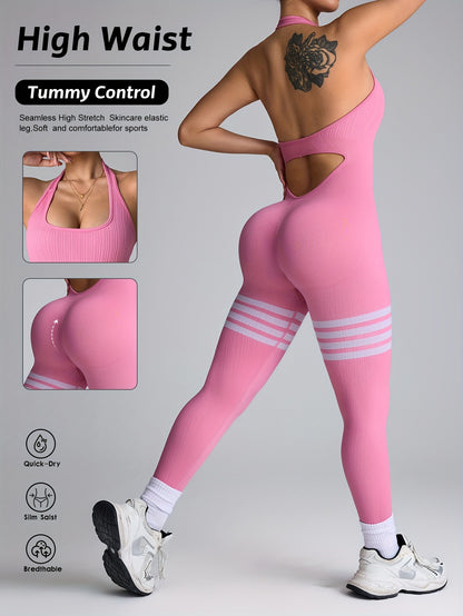 Women's High-Waisted Yoga Rompers - Butt-Lifting & Tummy Control Workout Bodysuit, Non-See-Through Quick-Dry Athletic Onesie for Gym, Yoga, Dance - Machine Washable Fitness Suit, Durable Sportswear, Gym Wear, Seamless Design,