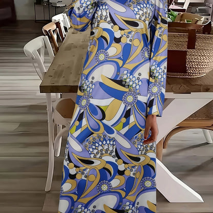 Women'S Elegant V-Neck Long Sleeve Dress - Blue & Yellow Floral Print, Fitted Silhouette, Machine Washable, All-Season Versatile Wear for Casual & Formal Occasions, Dress Blouses Elegant, Stylish Fabric Flow