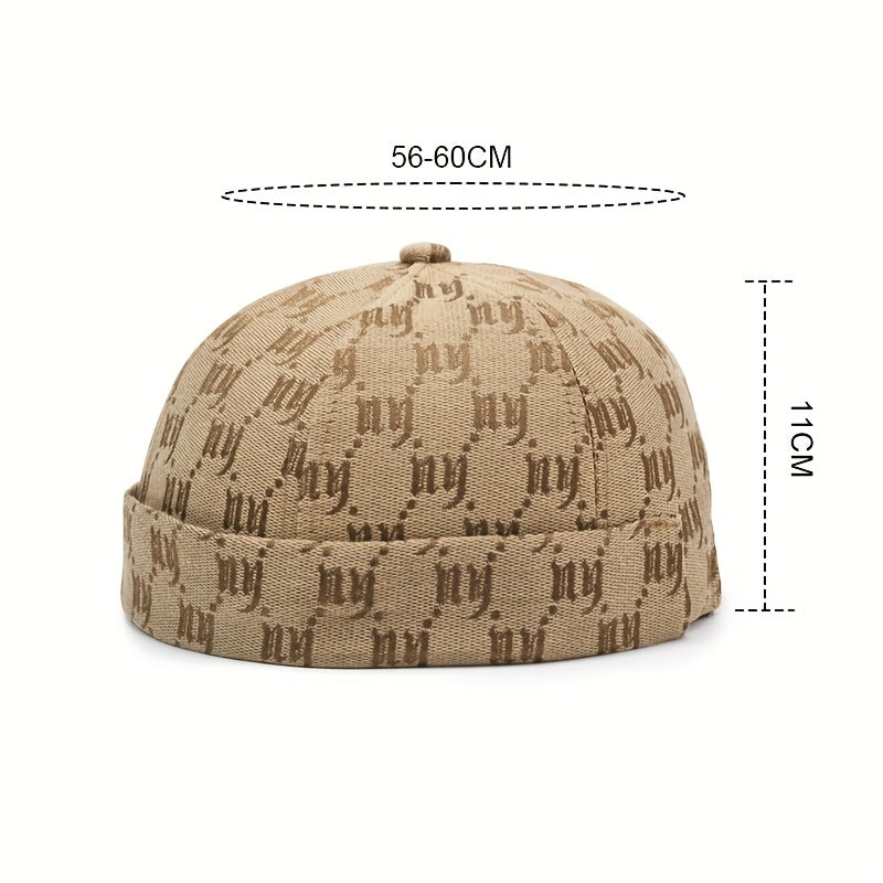 Men's & Women's Retro Snapback Brimless Melon - Beige/Navy/Black/Red/Brown/Grey with NY Logo-Like Letter Print, All-Season Casual Hat, -Filled for Warmth, Hand Washable (Unisex) for Hip-Hop & Casual Attire