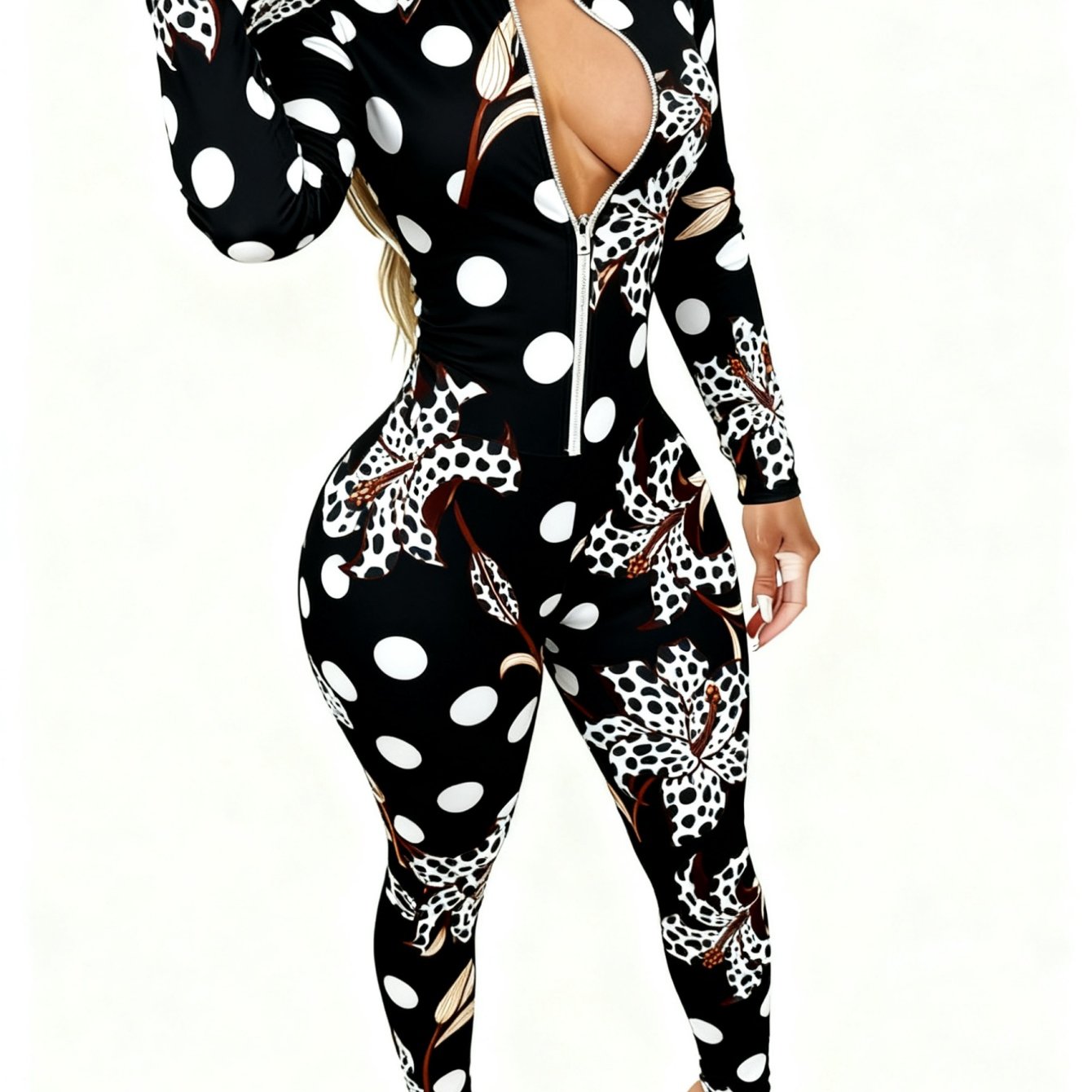 Women'S Allover Printed Jumpsuit | Long Sleeve with Zipper, Elegant Sexy, 4-Season Party & Special Occasion Outfit
